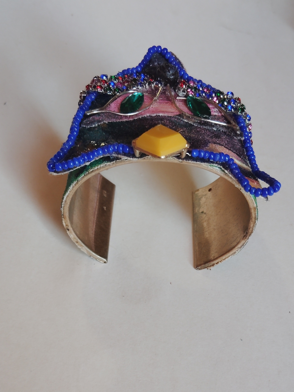 Handmade Mardi Gras Cat Face Mask Statement Bracelet Wrist Cuff Colorful - Picture 4 of 8